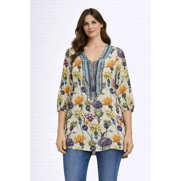 Tolani Floral Boho Tunic Top Womens Size Small Tassel Tie V Neck Sheer India - Picture 1 of 12